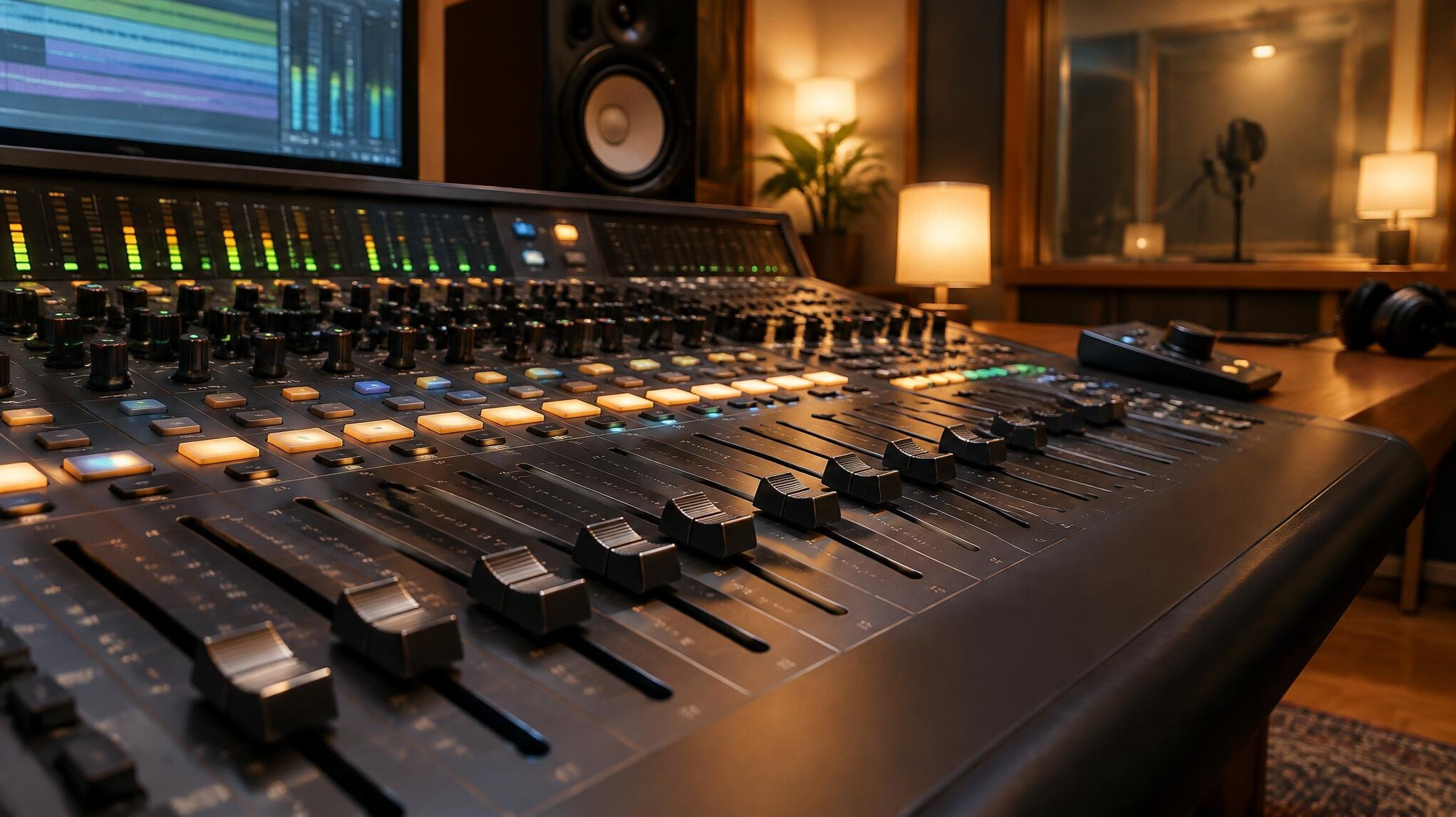 Audio mixing console in a sound studio