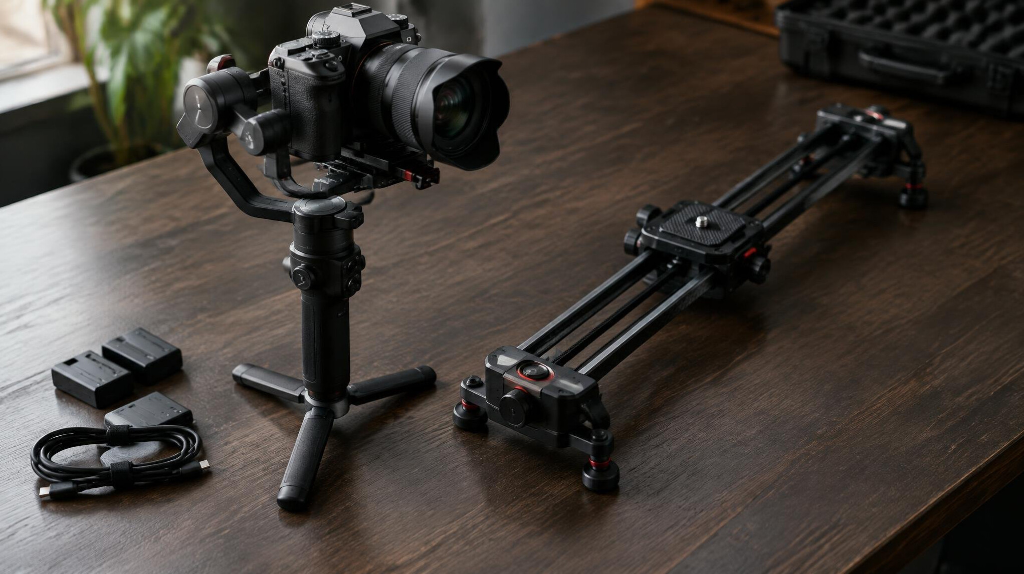 Film reels and camera equipment on a table