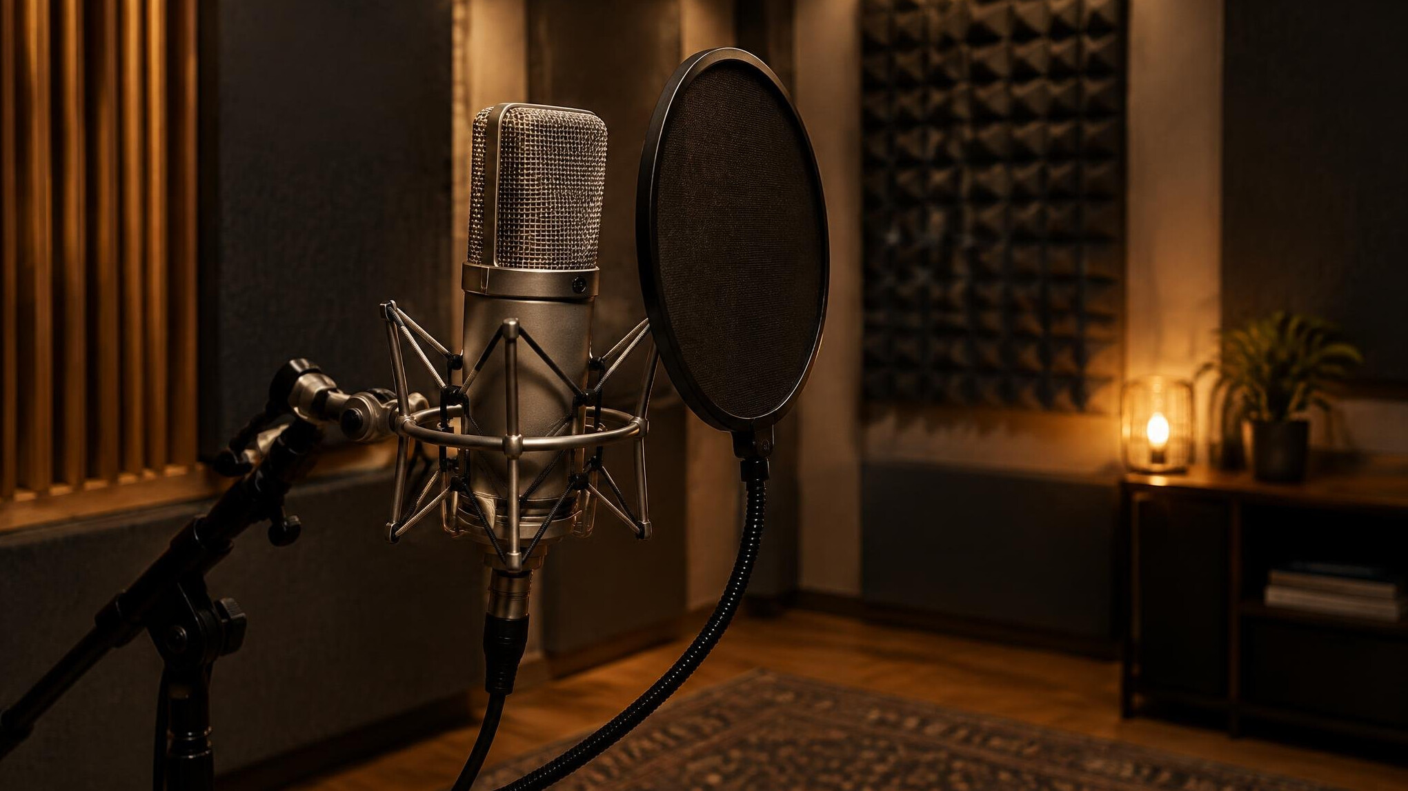Studio microphone with pop filter in a recording room