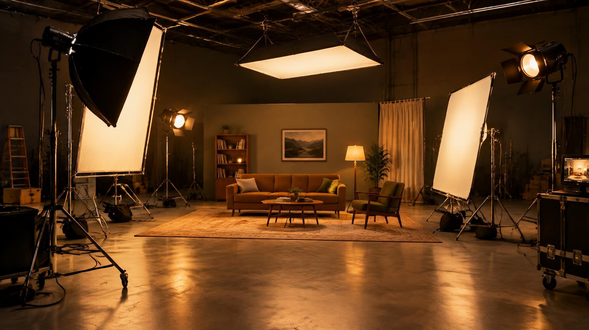 Film set with professional lighting equipment and crew