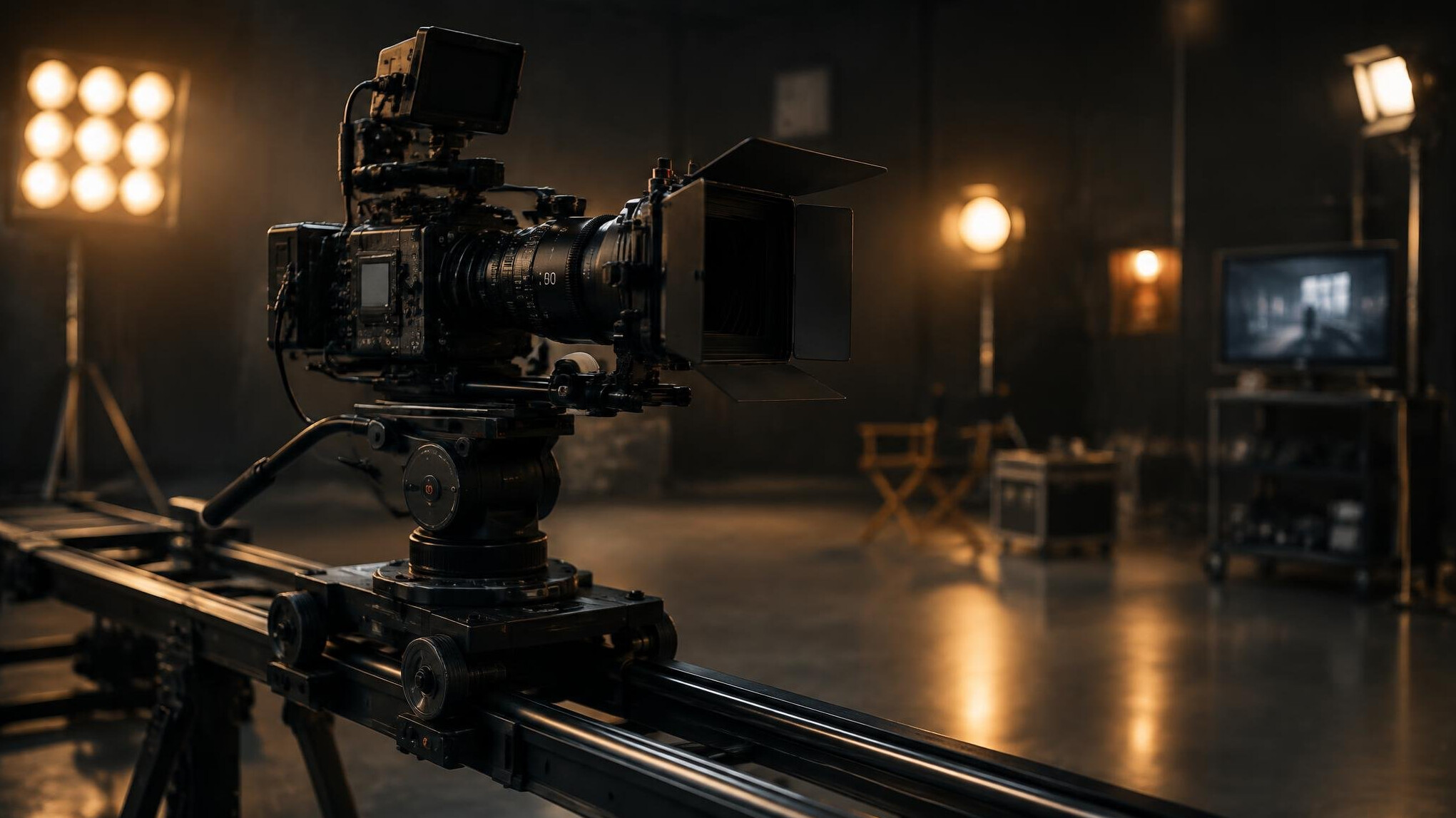 Cinema camera on a professional film set with studio lighting